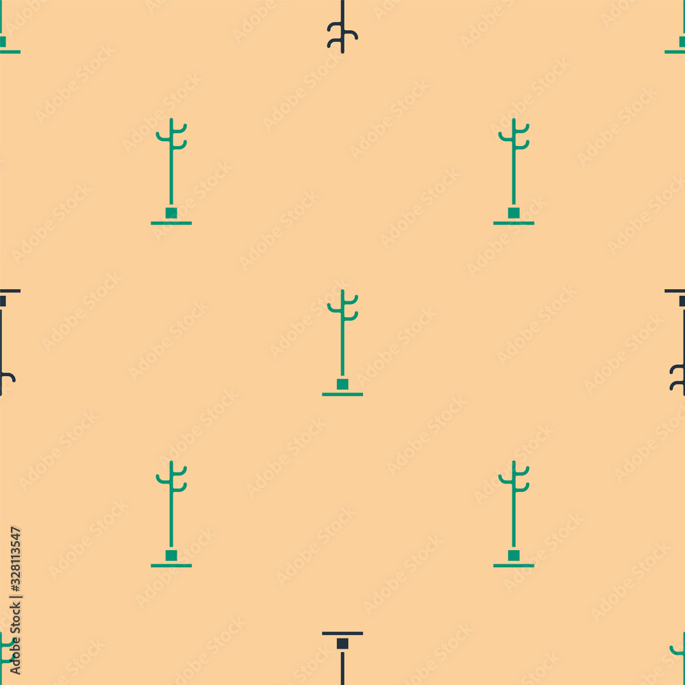 Green and black Coat stand icon isolated seamless pattern on beige background. Vector Illustration