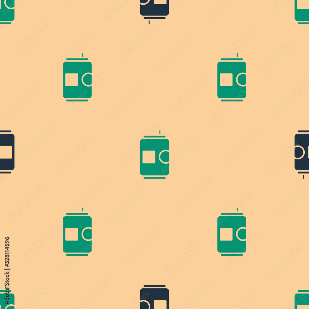 Green and black Beer can icon isolated seamless pattern on beige background. Vector Illustration