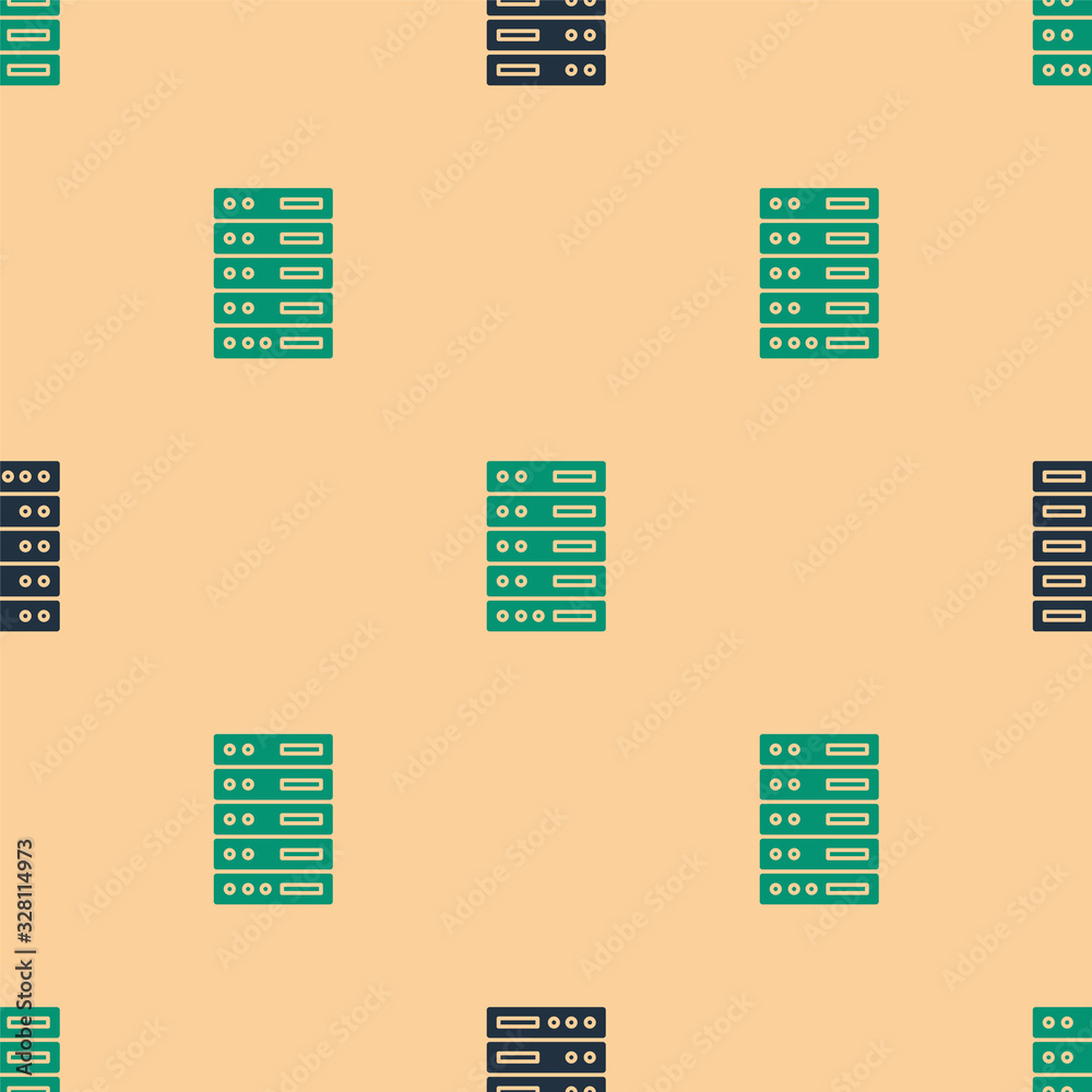 Green and black Server, Data, Web Hosting icon isolated seamless pattern on beige background. Vector
