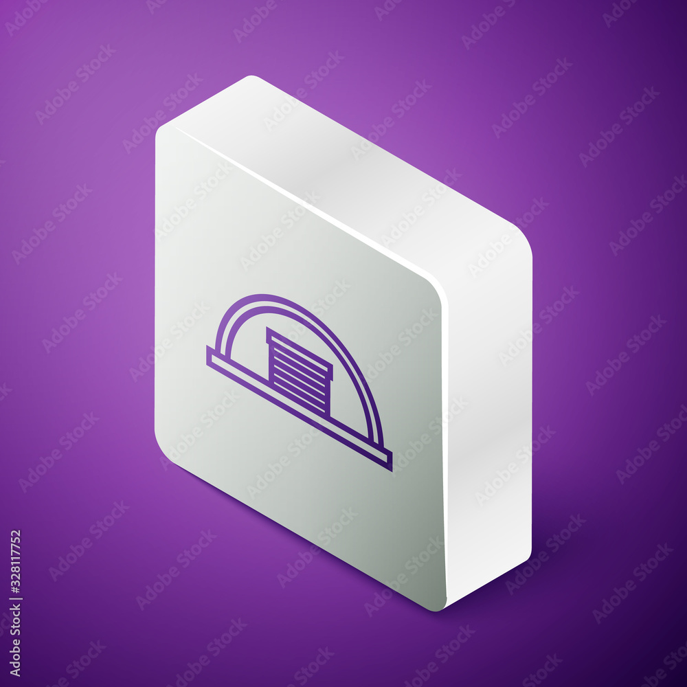 Isometric line Hangar icon isolated on purple background. Silver square button. Vector Illustration