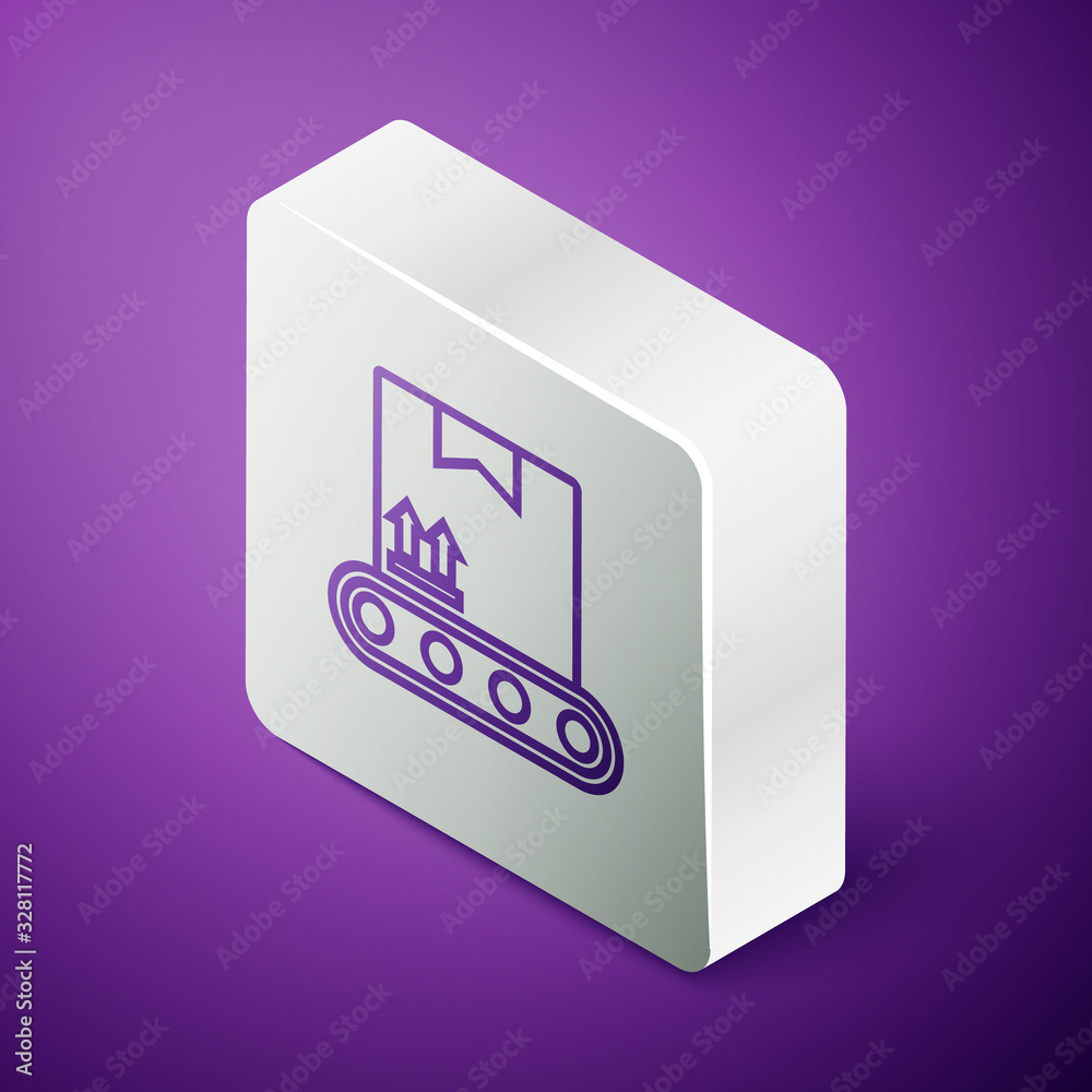 Isometric line Conveyor belt with cardboard box icon isolated on purple background. Silver square bu
