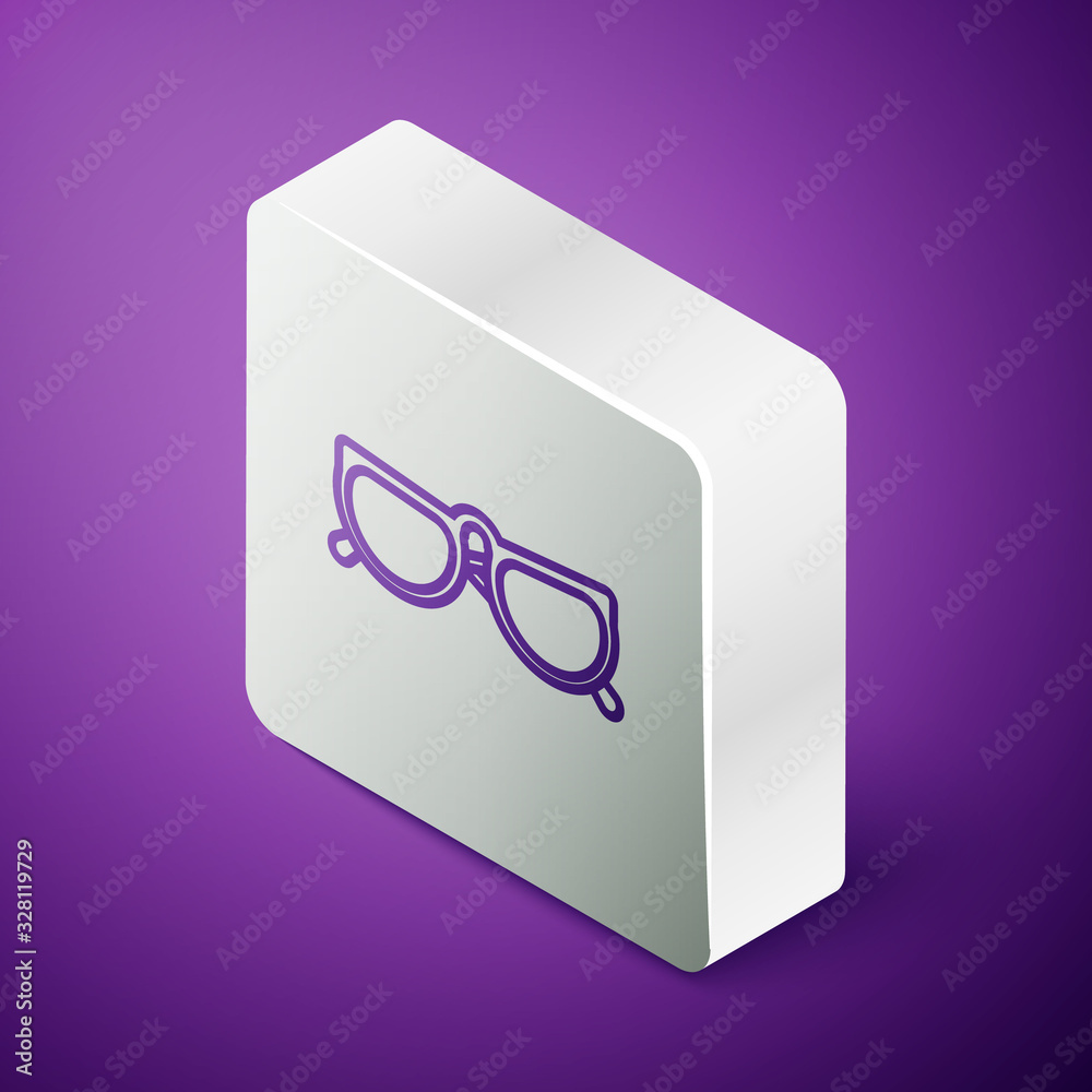 等距线眼镜图标隔离在紫色背景上。眼镜框符号。银色方形屁股