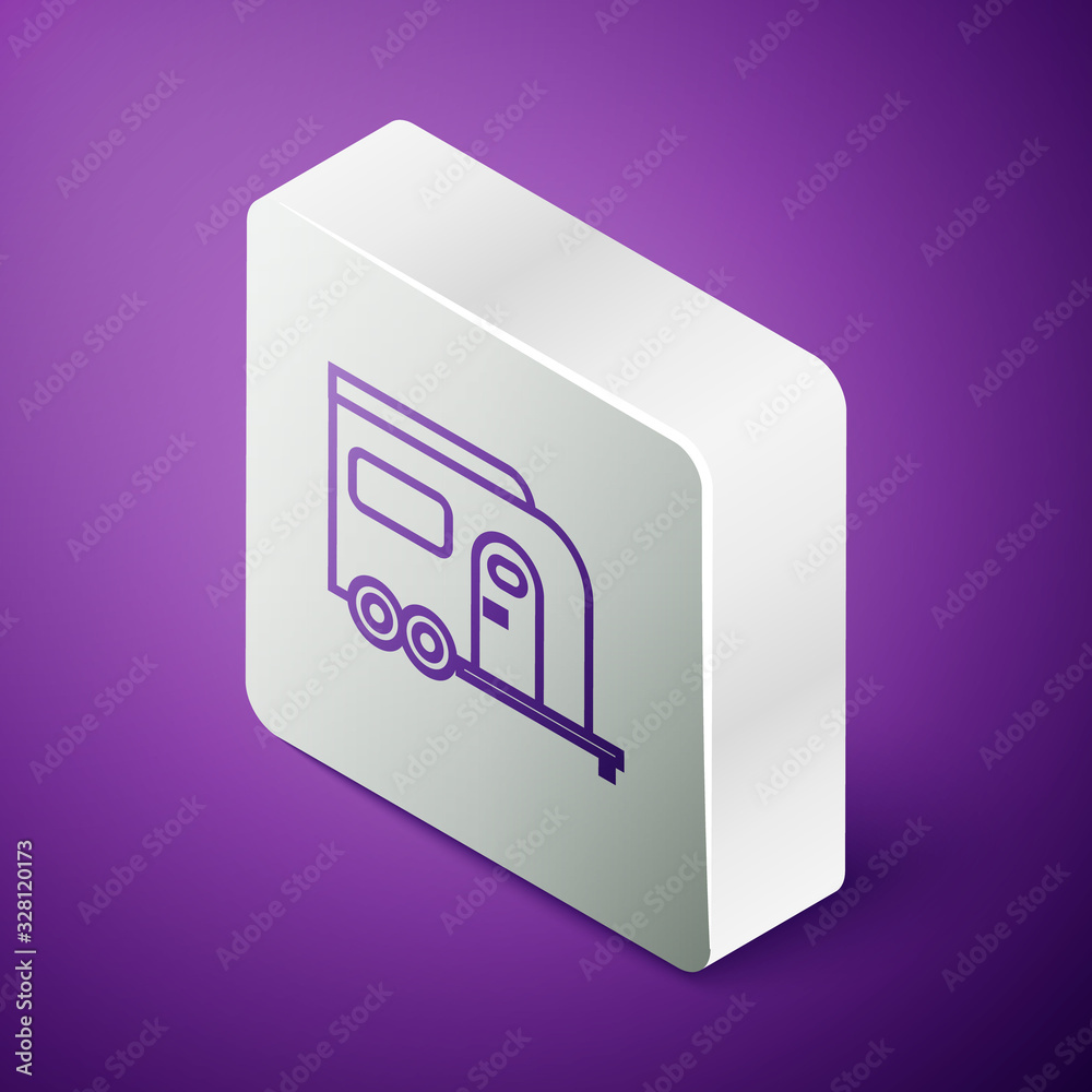 Isometric line Rv Camping trailer icon isolated on purple background. Travel mobile home, caravan, h