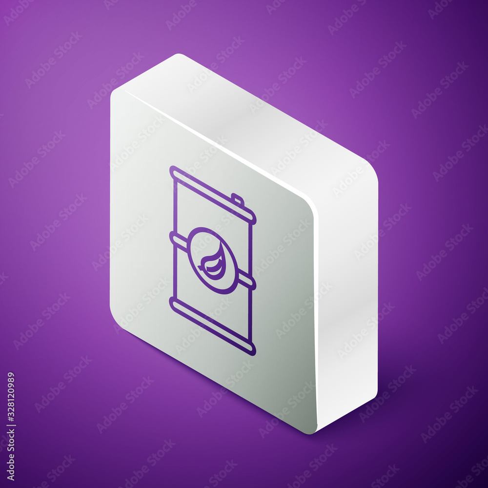 Isometric line Bio fuel barrel icon isolated on purple background. Eco bio and canister. Green envir