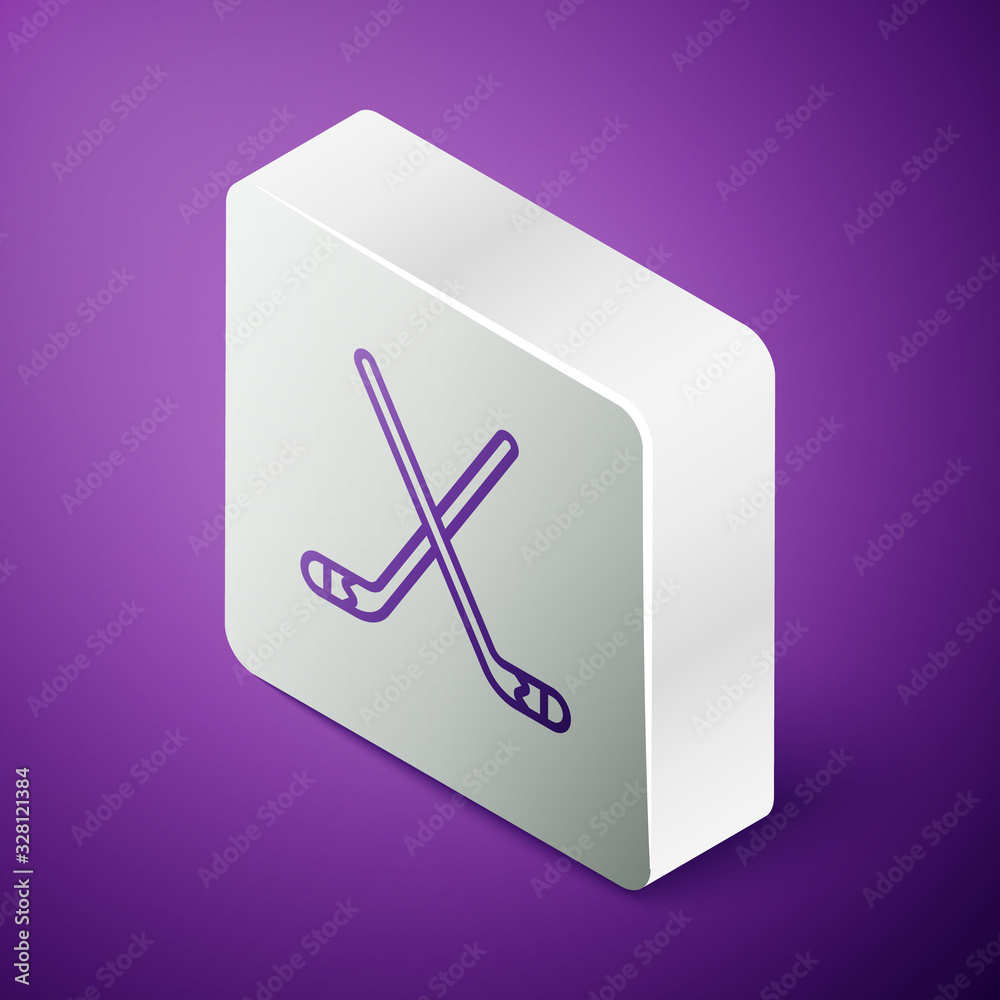 Isometric line Ice hockey sticks icon isolated on purple background. Silver square button. Vector Il