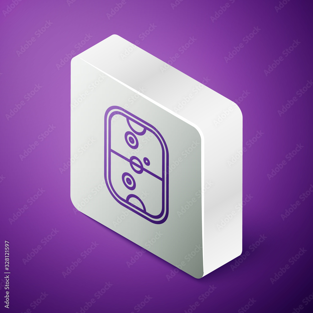 等距线空中曲棍球桌图标隔离在紫色背景上。银色方形按钮。矢量III