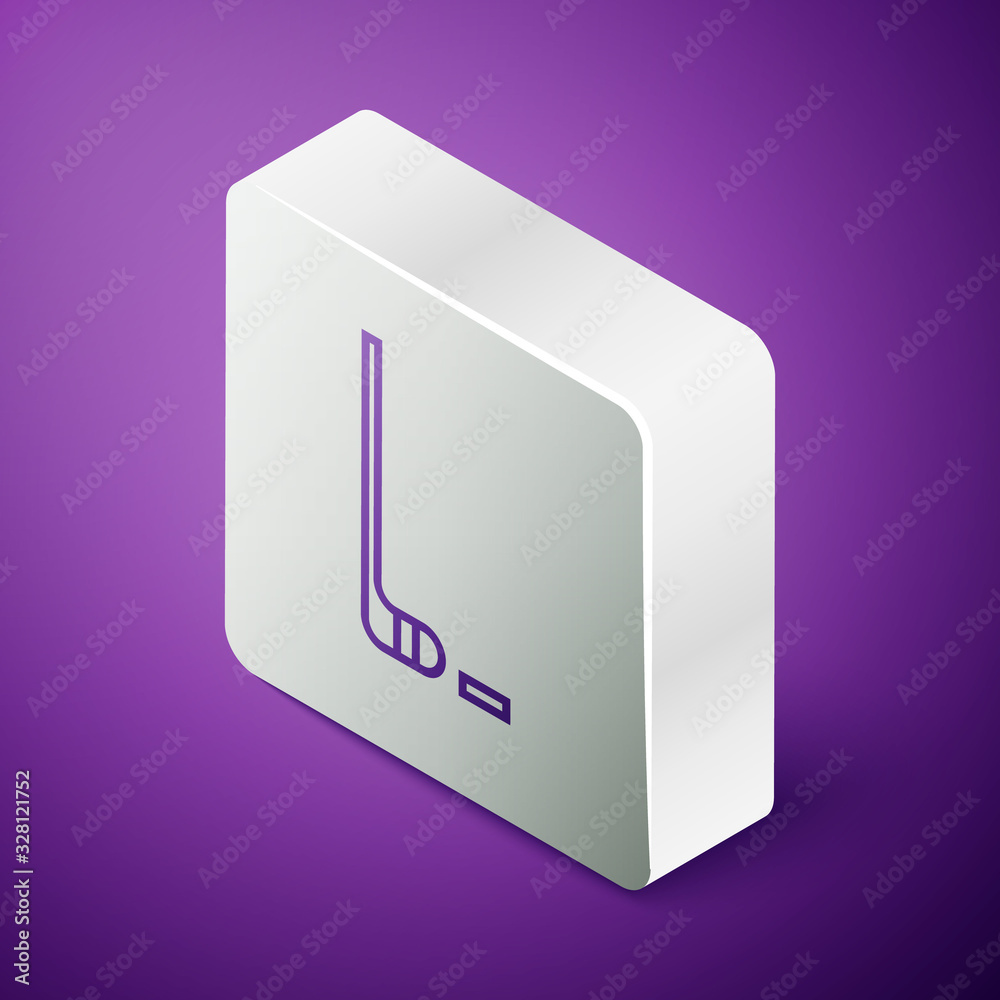 Isometric line Ice hockey stick and puck icon isolated on purple background. Silver square button. V
