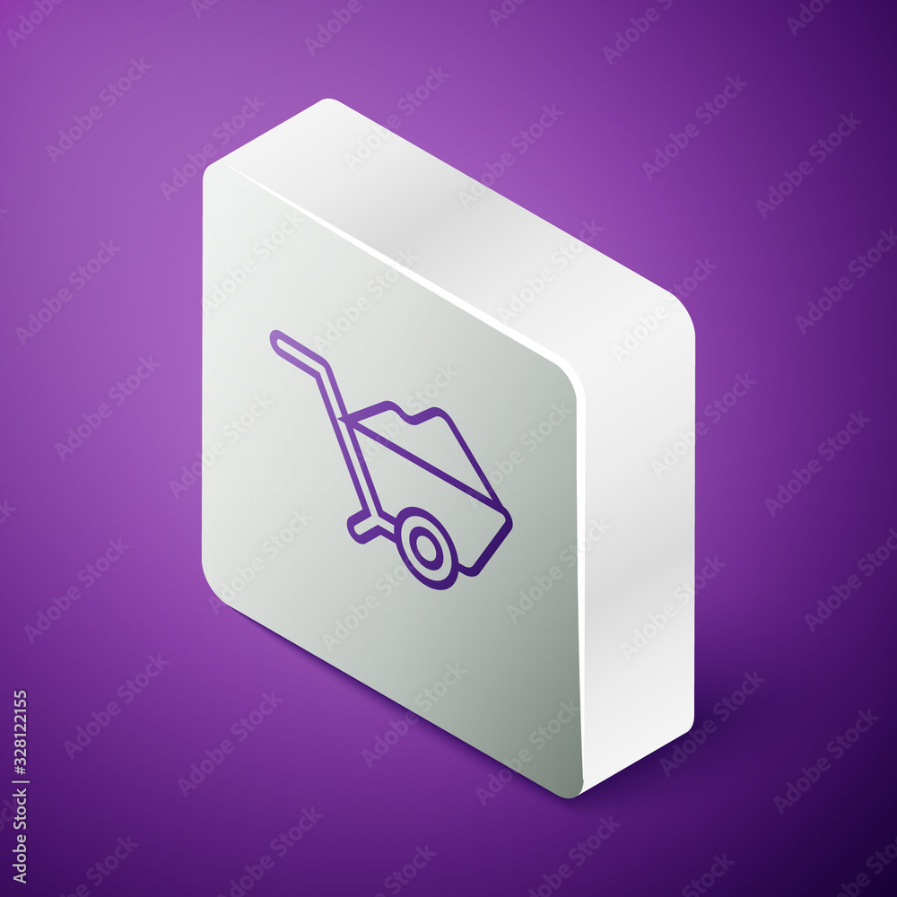 Isometric line Wheelbarrow with dirt icon isolated on purple background. Tool equipment. Agriculture