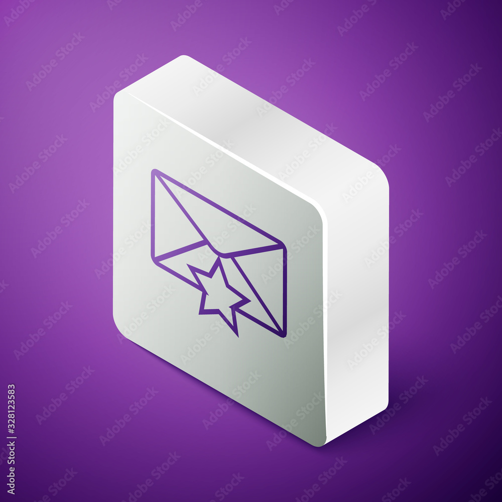 Isometric line Envelope with star icon isolated on purple background. Important email, add to favour