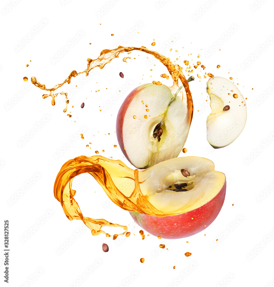 Juice splashes out from sliced apple, isolated on white background