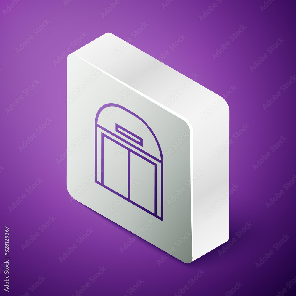 Isometric line Aircraft hangar icon isolated on purple background. Silver square button. Vector Illu