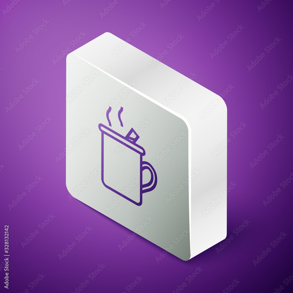 Isometric line Mulled wine with glass of drink and ingredients icon isolated on purple background. C