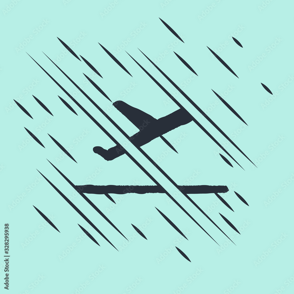 Black Plane takeoff icon isolated on green background. Airplane transport symbol. Glitch style. Vect