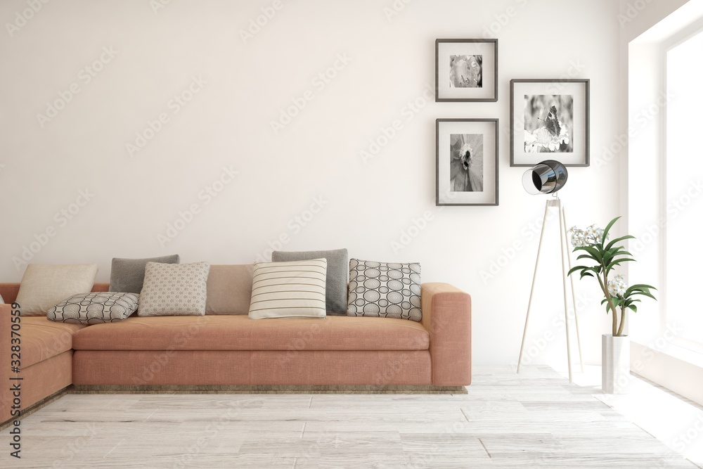 带沙发的白色现代客厅。斯堪的纳维亚室内设计。3D插图