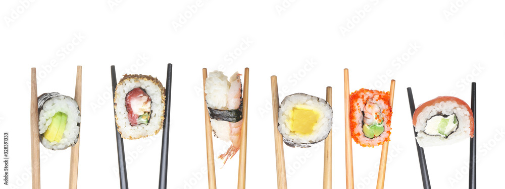 许多筷子，白底美味寿司