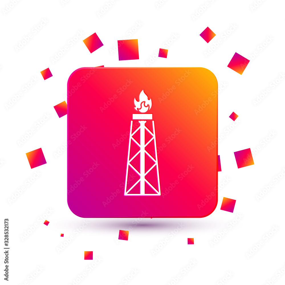 White Oil rig with fire icon isolated on white background. Gas tower. Industrial object. Square colo