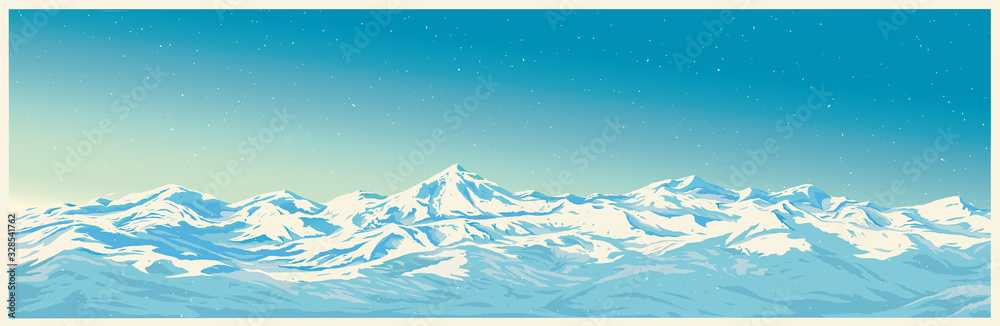 冬季山脉景观与白色山峰的全景式插图。
