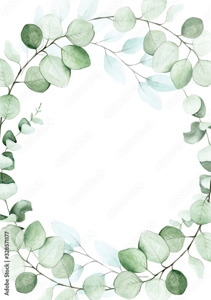 手绘桉树叶子的圆形框架。婚礼、贺卡等的平面设计元素。