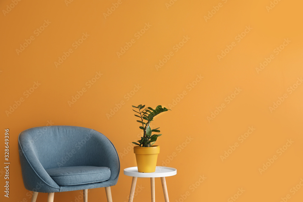 舒适的扶手椅和桌子，靠近彩色墙的室内植物