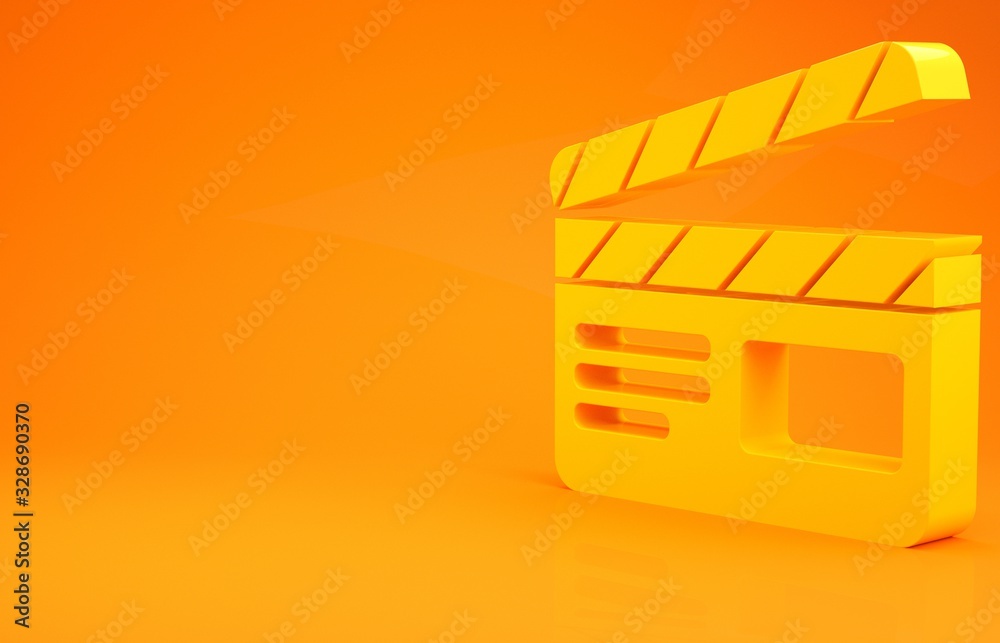 黄色电影拍板图标隔离在橙色背景上。电影拍板。拍板标志。电影