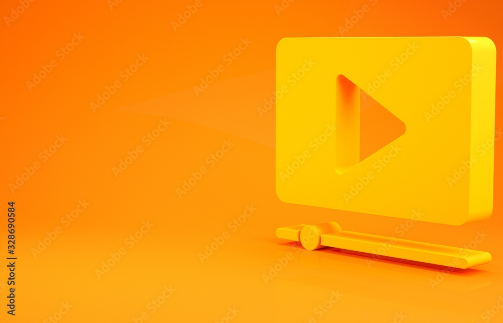 黄色在线播放视频图标隔离在橙色背景上。带播放标志的电影带。极简主义c