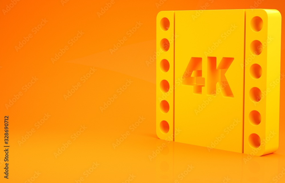黄色4k电影，胶带，橙色背景上隔离的框架图标。极简主义概念。三维插图