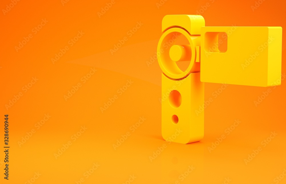 Yellow Cinema camera icon isolated on orange background. Video camera. Movie sign. Film projector. M
