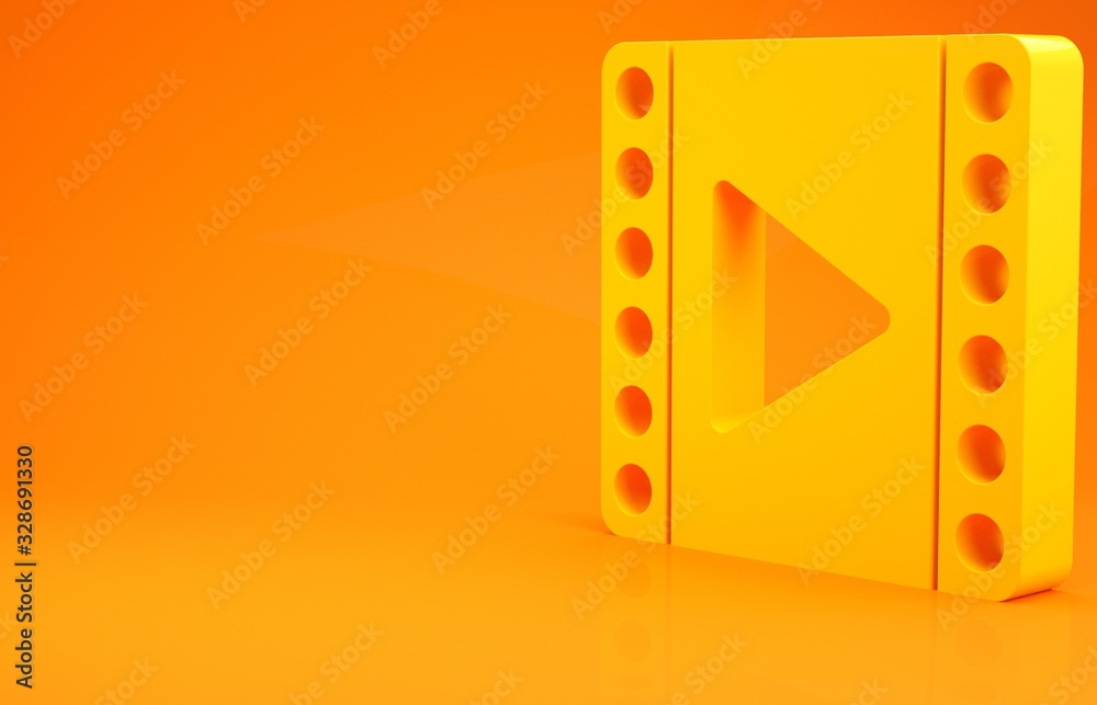 Yellow Play Video icon isolated on orange background. Film strip sign. Minimalism concept. 3d illust