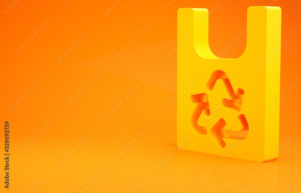 黄色塑料袋，橙色背景上有回收图标。带有回收符号的袋子。迷你