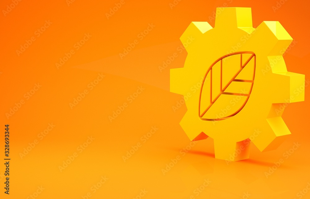 Yellow Leaf plant ecology in gear machine icon isolated on orange background. Eco friendly technolog