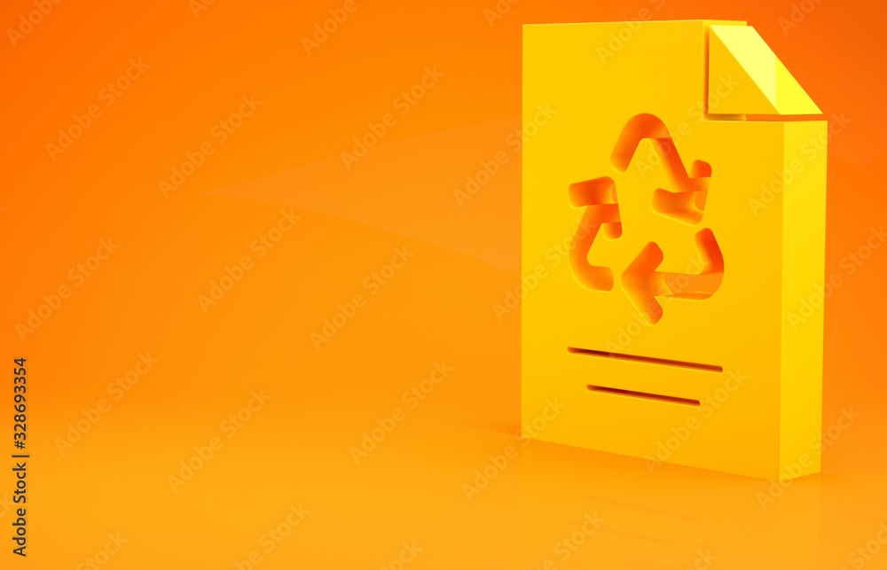 黄色纸张，橙色背景上隔离回收图标。极简主义概念。3d插图