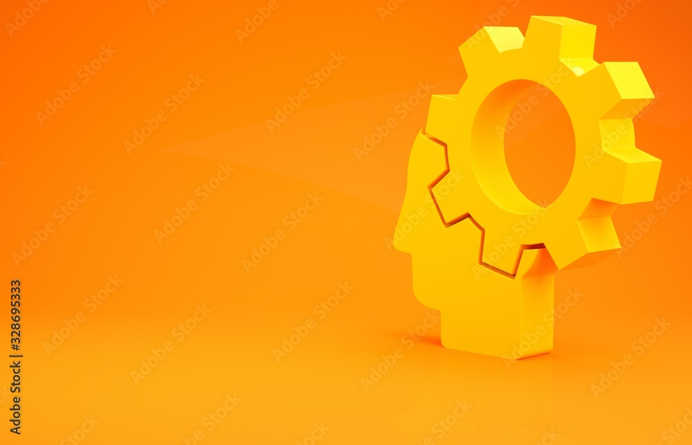黄色人头，内有齿轮，图标隔离在橙色背景上。人工智能。薄