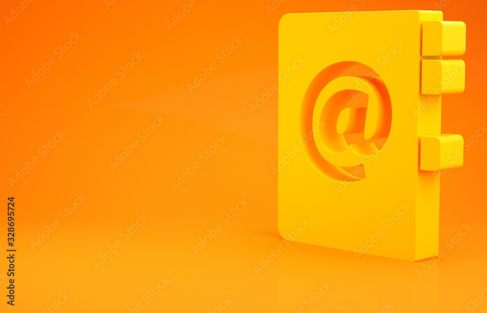 黄色通讯簿图标隔离在橙色背景上。笔记本、地址、联系人、目录、电话