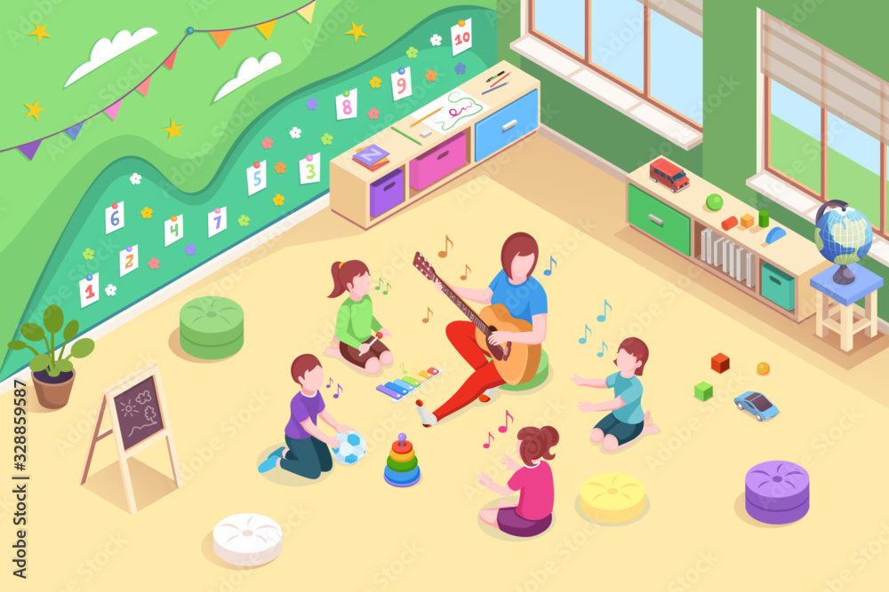 幼儿园等距矢量设计，孩子和老师学习唱歌。幼儿园女老师