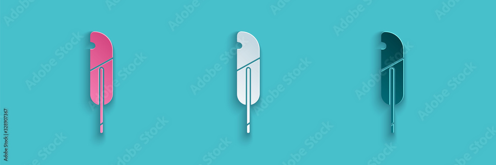 Paper cut Feather pen icon isolated on blue background. Paper art style. Vector Illustration