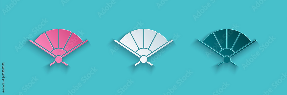 Paper cut Traditional paper chinese or japanese folding fan icon isolated on blue background. Paper 