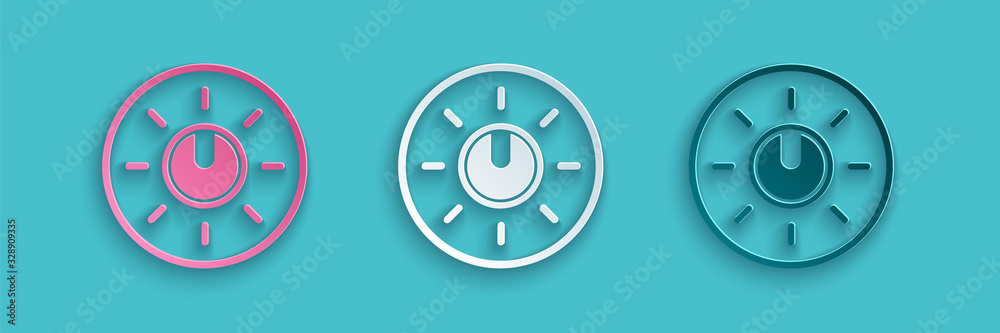 Paper cut Dial knob level technology settings icon isolated on blue background. Volume button, sound