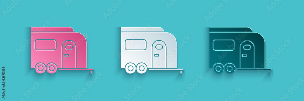 剪纸Rv露营拖车图标隔离在蓝色背景上。旅行移动房屋，房车，家庭摄像头