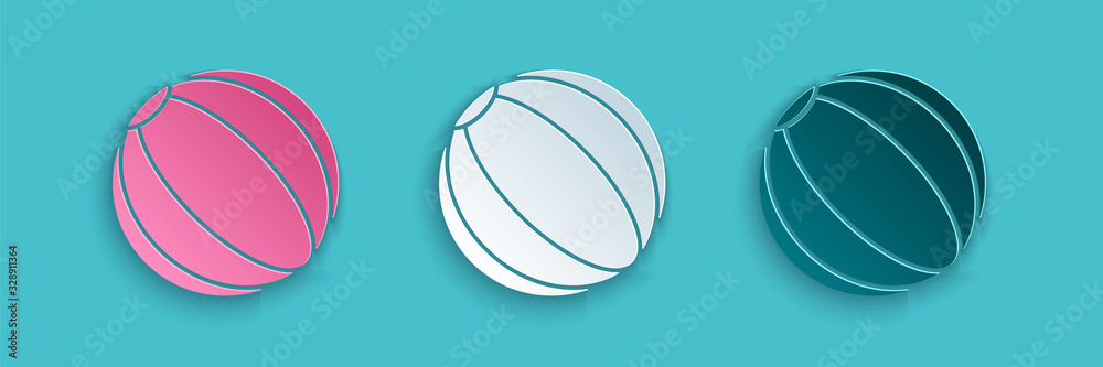 Paper cut Beach ball icon isolated on blue background. Paper art style. Vector Illustration