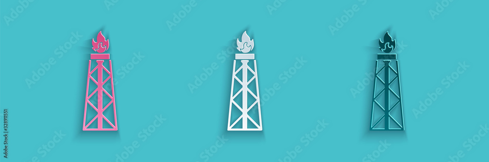 蓝色背景上有防火图标的剪纸石油钻机。天然气塔。工业物体。纸ar