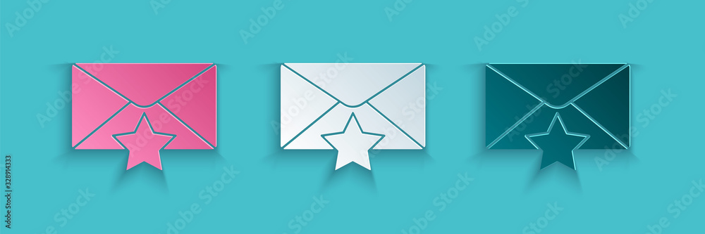 蓝色背景上带有星形图标的剪纸信封。重要电子邮件，添加到收藏夹ico