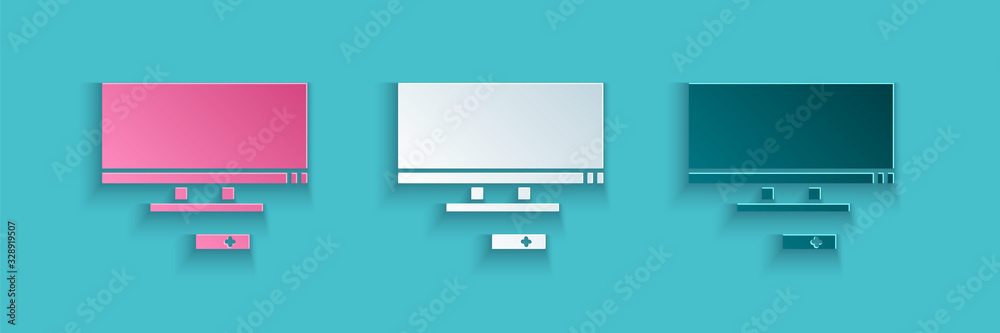 蓝色背景上隔离的剪纸智能电视图标。电视标志。纸艺风格。矢量照明