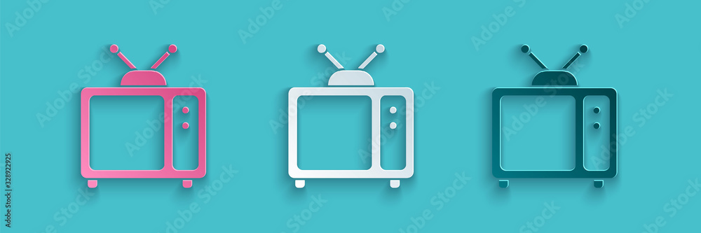 Paper cut Retro tv icon isolated on blue background. Television sign. Paper art style. Vector Illust
