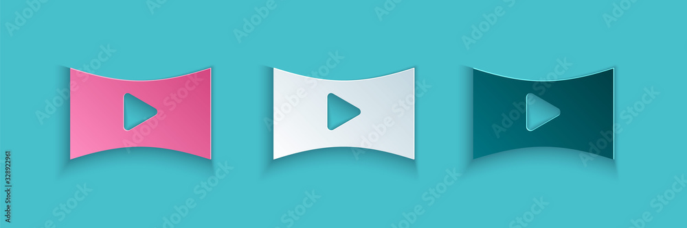 Paper cut Online play video icon isolated on blue background. Film strip with play sign. Paper art s