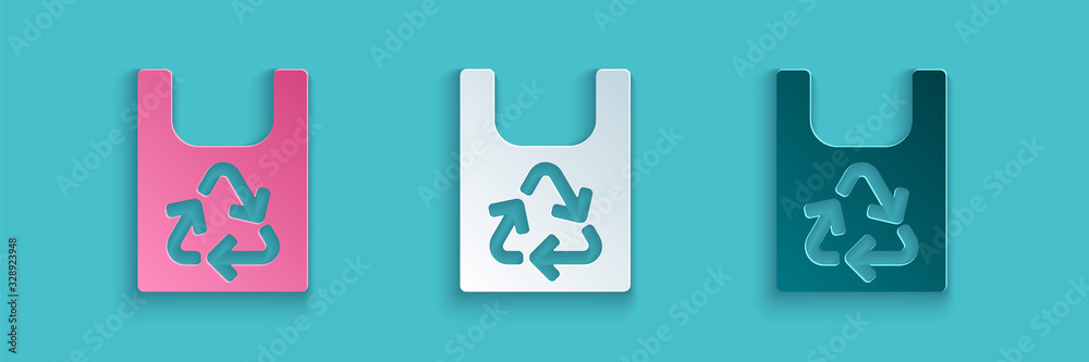 Paper cut Plastic bag with recycle icon isolated on blue background. Bag with recycling symbol. Pape