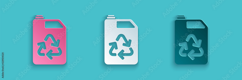 Paper cut Eco fuel canister icon isolated on blue background. Eco bio and barrel. Green environment 