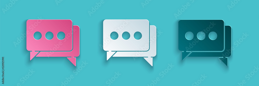 Paper cut Speech bubble chat icon isolated on blue background. Message icon. Communication or commen