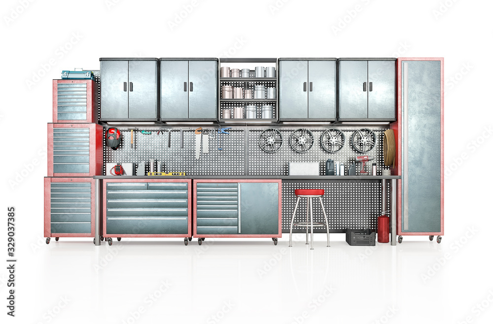 Cabinets with garage tools. 3d illustration