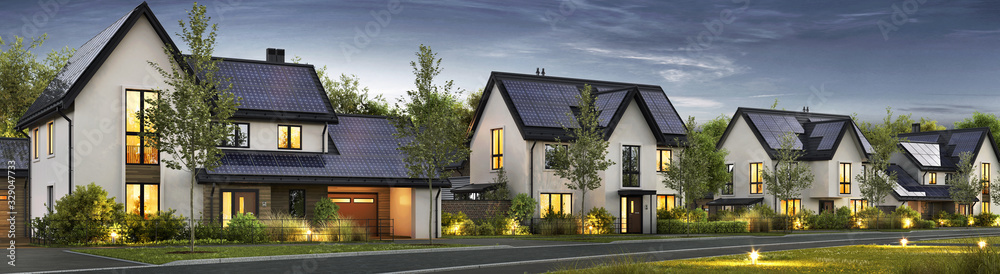 屋顶上有太阳能电池板的现代漂亮房子