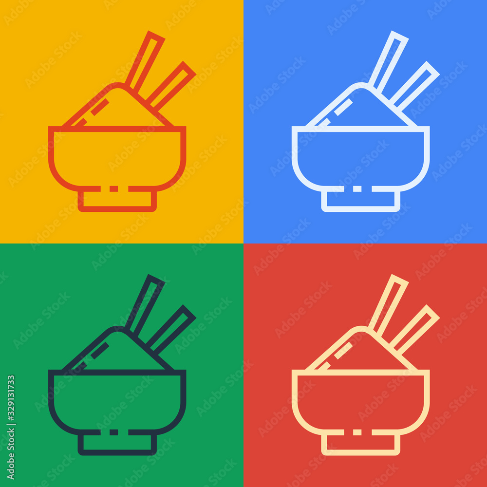 Pop art line Rice in a bowl with chopstick icon isolated on color background. Traditional Asian food